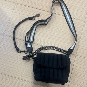 Think Royln Stylish Black Quilted Nylon Crossbody Bag with 2 Straps & Chain.